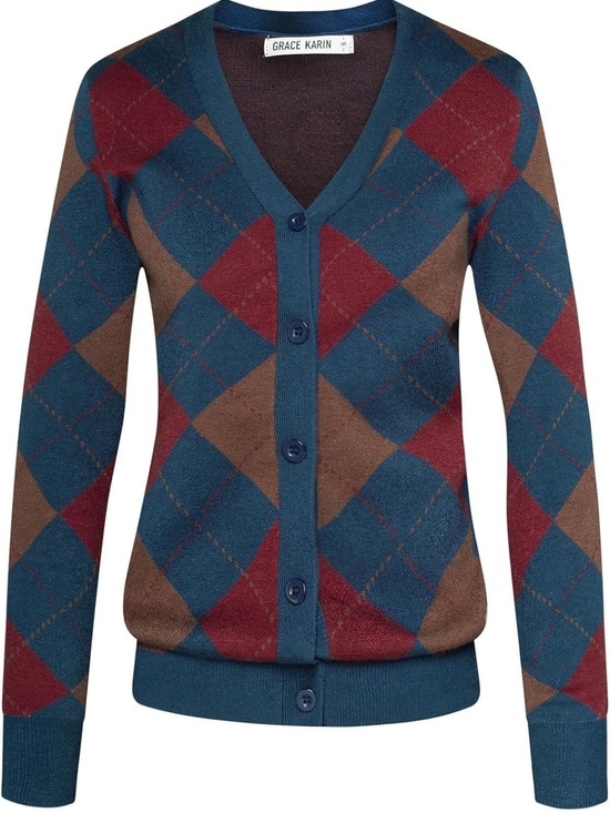 Grace Karin Sweaters - Plaid Sweater Long Sleeve Cardigan Argyle Preppy Style S 1411/bb7-2
